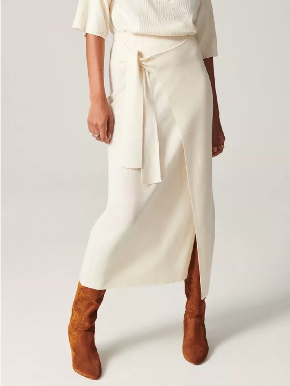 ba&sh Cream Wrap Midi Skirt with Tie Waist